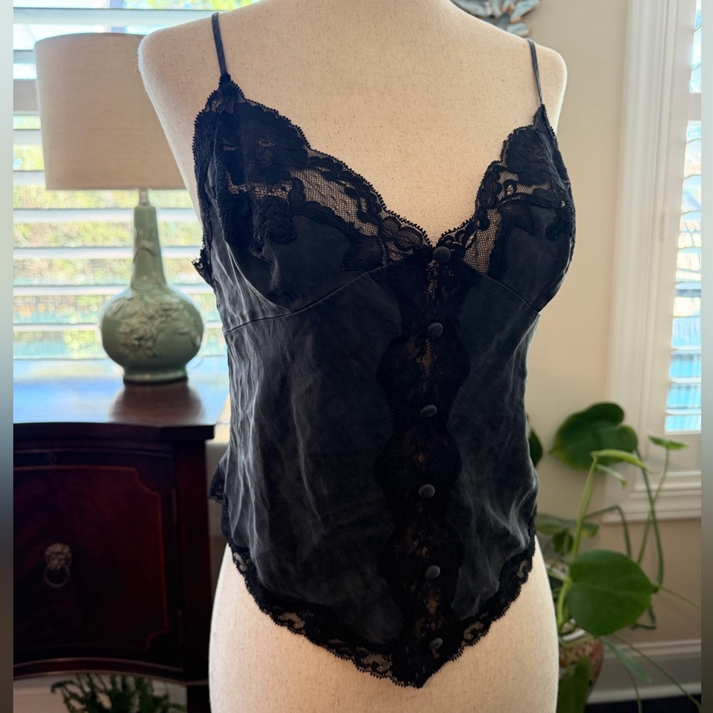 Victoria's Secret 100% Silk Black Lace Trim Camisole